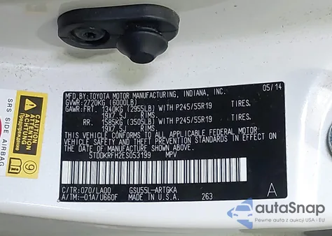 2014 Toyota Highlander Limited V6 z USA, uszkodzony, nr VIN 5TDDKRFH2ES053199